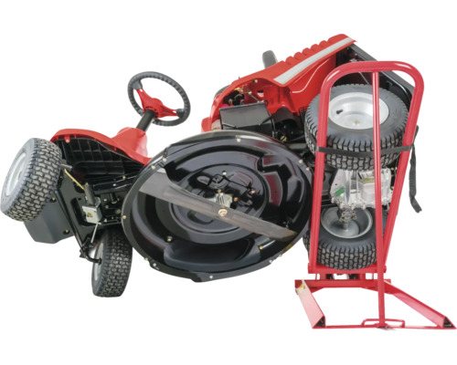 Aufsitzmäher in Wartungsposition mit Wartungsständer