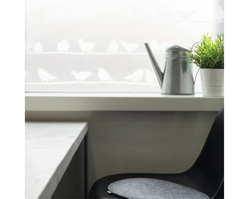 Dekoratives Fenster mit Vogelmotiven, Gießkanne und Pflanze in einem hellen Raum.