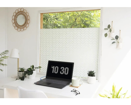 Heller Arbeitsbereich mit Schreibtisch, Laptop, Pflanzen und Fensterfolie für mehr Privatsphäre.