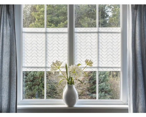 Fensterszene mit Plissee-Rollo und Blumenvase auf der Fensterbank