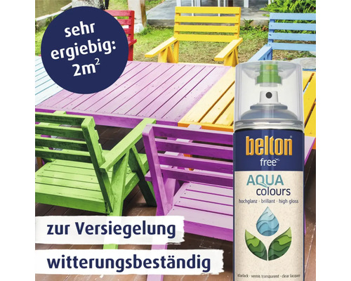 Belton Free Aqua Colors clear varnish spray can next to painted garden furniture