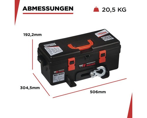 Abbildung der Abmessungen und des Gewichts der tragbaren WARRIOR WINCHES Seilwinde