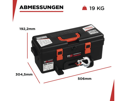 Abbildung einer tragbaren Warrior Seilwinde mit Abmessungen