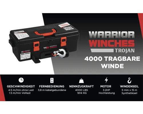 Warrior Winches Trojan 4000 tragbare Seilwinde mit Zubehör in einer schwarzen Box
