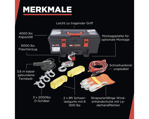 Warrior Winch Produkteigenschaften: 4000 lbs Kapazität, 6000 lbs Flaschenzug, Montageplatte, Kabelfernbedienung, D-Schäkel, Schwerlastgurte, Winch Handschuhe