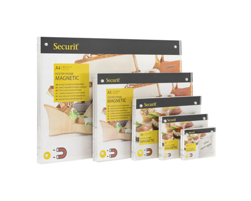 Mehrere Magnetische Posterrahmen der Marke Securit in verschiedenen Größen.