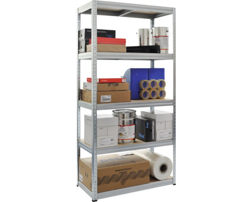 Metallregal mit fünf Regalböden, gefüllt mit verschiedenen Artikeln wie Kartons, Farben und Bürobedarf.