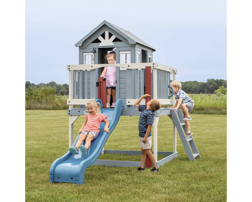 Spielhaus Spielturm Backyard DISCOVERY 310 x 190 cm Holz blau, weiß bestehend aus Grundturm, Rutsche blau