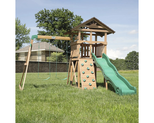 Spielhaus Spielturm Backyard DISCOVERY 380 x 430 cm Holz braun, grün bestehend aus Grundturm, grüne Rutsche