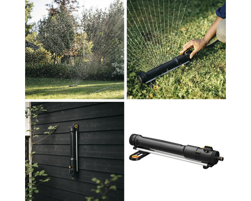 Verschiedene Ansichten eines Gartensprengers im Einsatz und zur Aufbewahrung