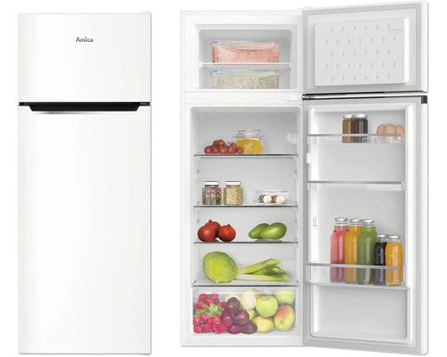 Amica Kühlschrank mit geöffneter Tür, gefüllt mit Lebensmitteln.