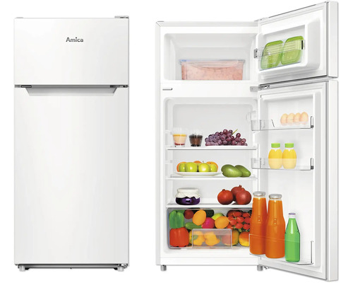 Amica Kühlschrank mit Gefrierfach, Ansicht von vorne mit offener Tür und Lebensmitteln