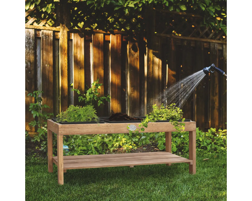 Hochbeet aus Holz mit Pflanzen und Bewässerung im Garten.