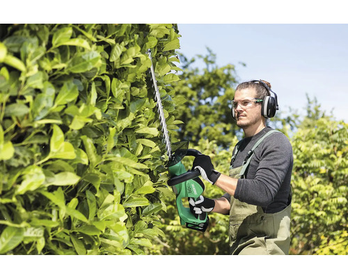 Mann schneidet Hecke mit einer Heckenschere. Er trägt Schutzkleidung.