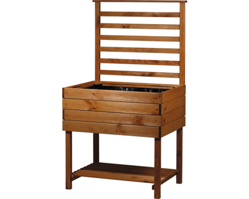 Hochbeet aus Holz mit Rankgitter und Ablagefläche