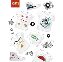 Collage mit Kindermode zum Selbergestalten, inklusive T-Shirts, Turnschuhe und Turnbeutel
