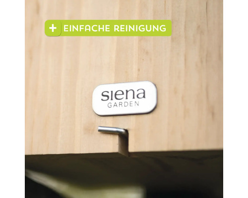 Detailansicht eines Produkts mit dem Hinweisschild einfache Reinigung und dem Siena Garden Logo.