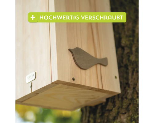 Holz Vogelhaus mit Vogel Applikation und Hinweis auf hochwertige Verschraubung
