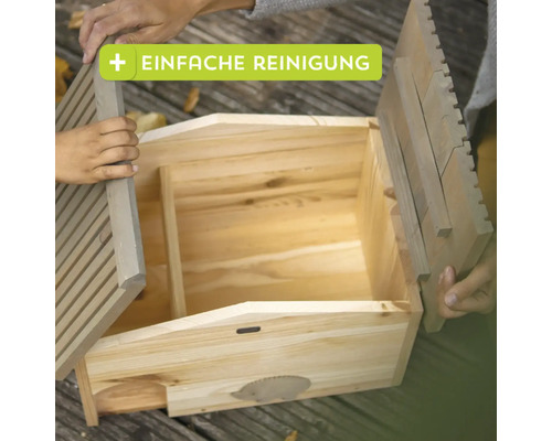 Offene Holz-Insektenvilla mit herausnehmbaren Elementen zur Reinigung