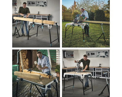 Mehrere Ansichten eines Werktisches bei verschiedenen Anwendungen.