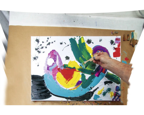 Gemälde mit Pinsel und Farbtupfern auf Leinwand