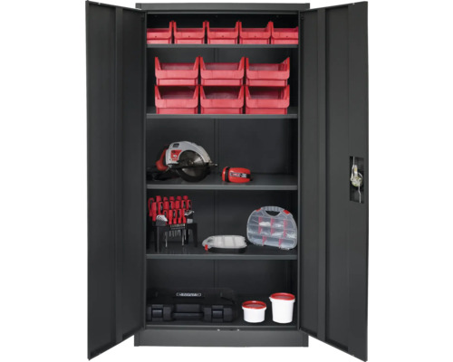 Offener Werkzeugschrank mit Werkzeugen und Behältern