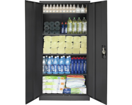 Geöffneter Stahlschrank mit verschiedenen Haushalts- und Reinigungsprodukten