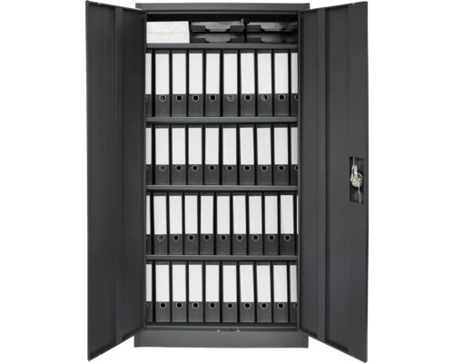 Geöffneter grauer Stahlschrank mit mehreren Ordnern