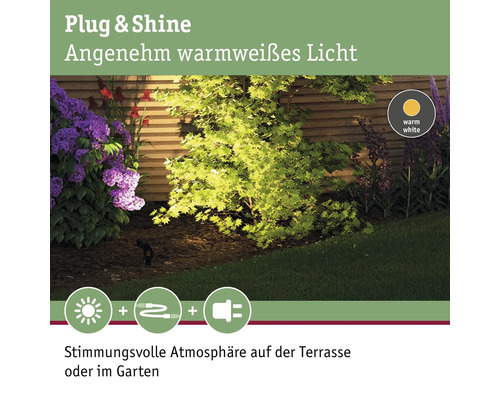 Gartenlandschaft mit Plug and Shine Beleuchtung und warmweissem Licht