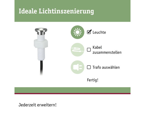 Aufbau einer Gartenleuchte: Leuchte, Kabel zusammenstellen, Trafo auswählen.