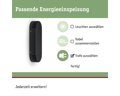 Passende Energieeinspeisung: Leuchten auswählen, Kabel zusammenstellen, Trafo auswählen