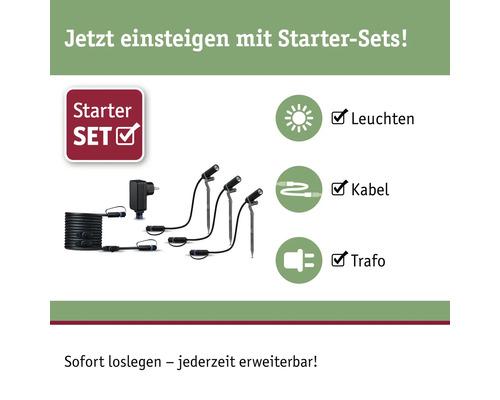Gartenbeleuchtung Starterset mit Leuchten, Kabel und Transformator