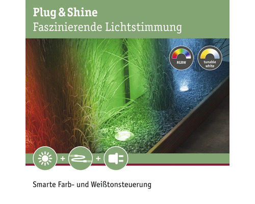 Gartenbeleuchtung mit RGBW und tunable white Funktion im Beet mit Kies und Gräsern