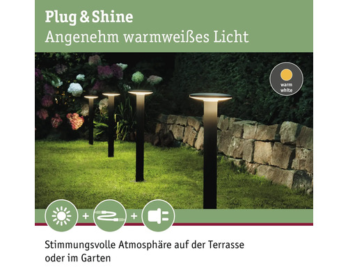 Mehrere Gartenleuchten mit warmweißem Licht beleuchten einen Garten.
