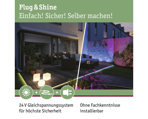 Plug and Shine Beleuchtungssystem für den Außenbereich mit 24 Volt Gleichspannung für hohe Sicherheit.