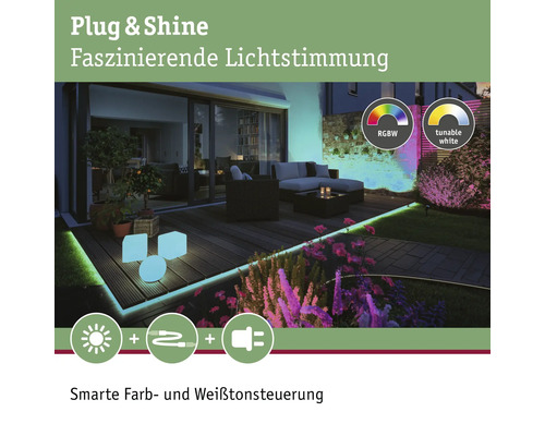 Gartenszene mit RGBW und tunable white Außenbeleuchtung.