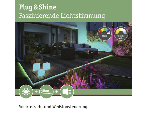 Beleuchtete Terrasse mit RGBW-Farben und abstimmbarem Weiss für stimmungsvolle Aussenbeleuchtung