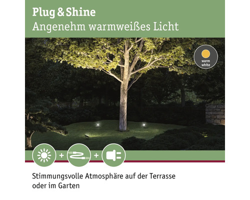 Plug and Shine Gartenbeleuchtung mit warmweissem Licht zur stimmungsvollen Beleuchtung von Terrasse oder Garten.