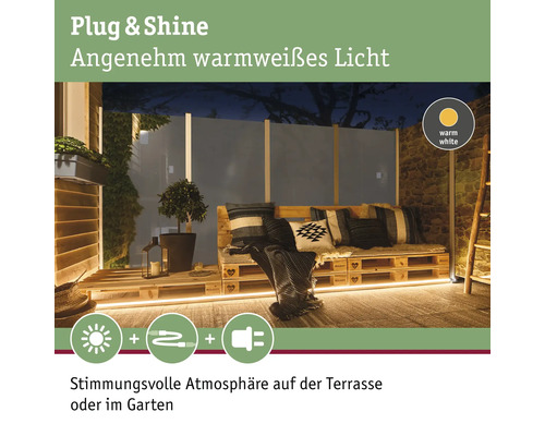 Stimmungsvolle Terrassenbeleuchtung mit warmweißem Licht und Palettenmöbeln