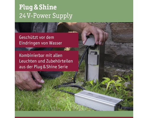 Plug and Shine 24 Volt Stromversorgung im Außenbereich.