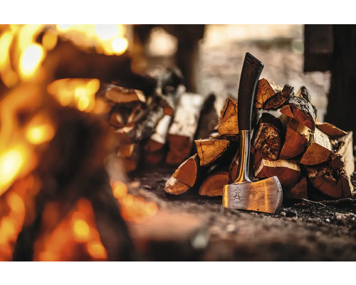 Axt mit Holzscheiten neben einem Feuer