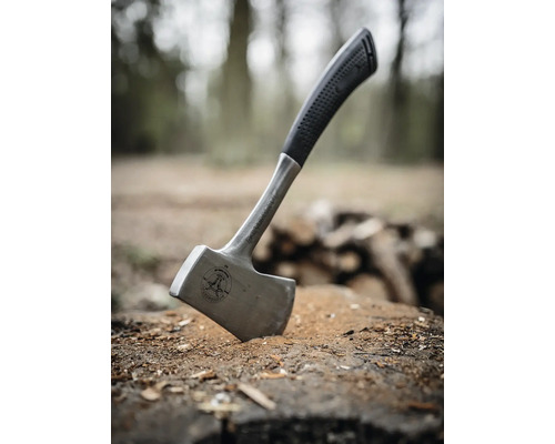 Axt mit Kunststoffgriff auf einem Holzscheit