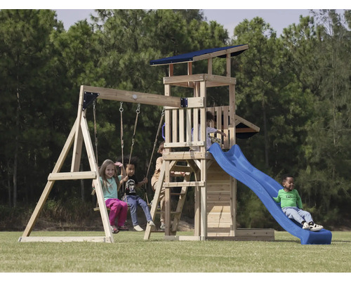 Spielhaus Spielturm axi 336 x 345 cm Holz, Kunststoff braun bestehend aus Grundturm, Schaukel, Rutsche