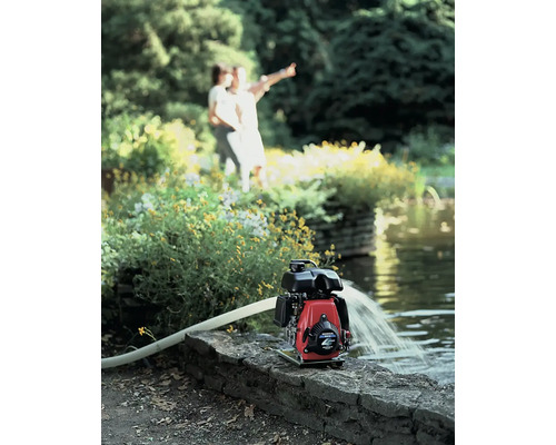 Eine Wasserpumpe pumpt Wasser in einem Gartenteich, im Hintergrund ein Paar.