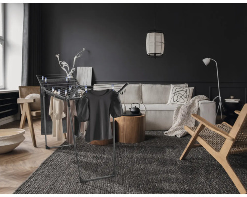 Wohnzimmer mit Wäscheständer, Sofa und Teppich