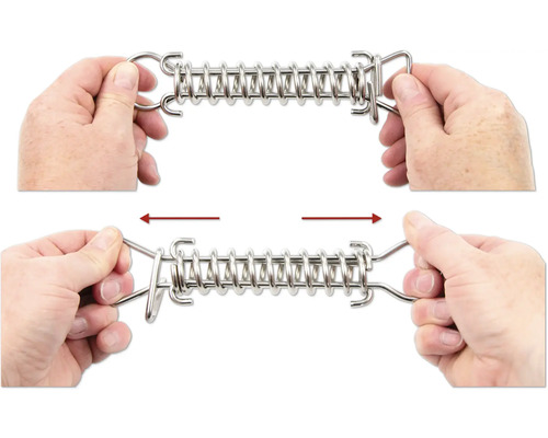 Illustration einer Zugfeder aus Metall, die von zwei Händen auseinandergezogen wird