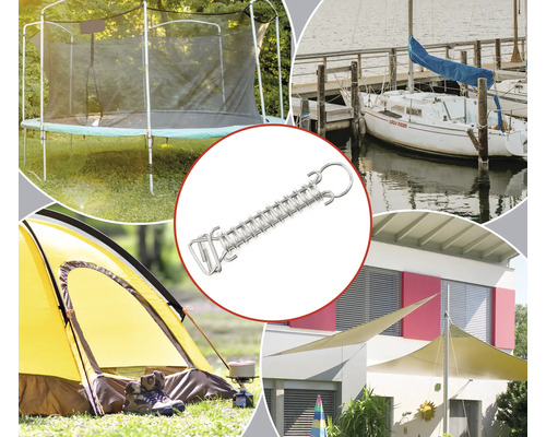 Anwendungsbeispiele einer Zugfeder mit Ringösen für Trampolin, Zelt, Sonnensegel und Boot