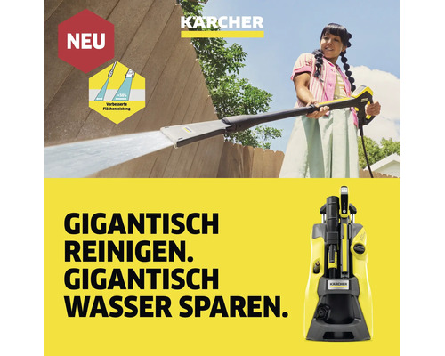 Kärcher Hochdruckreiniger bei der Reinigung einer Holzoberfläche und Kärcher Hochdruckreiniger Produktansicht