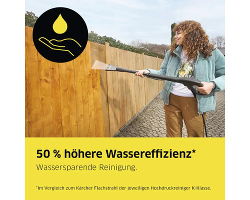 Frau reinigt Holzzaun mit Hochdruckreiniger. Symbol für Wassereinsparung.