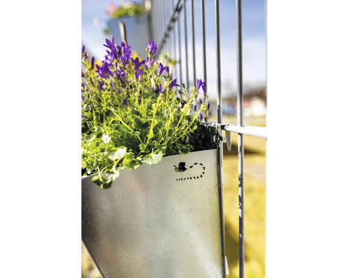 Blumenkasten aus Metall mit lila Glockenblumen am Zaun